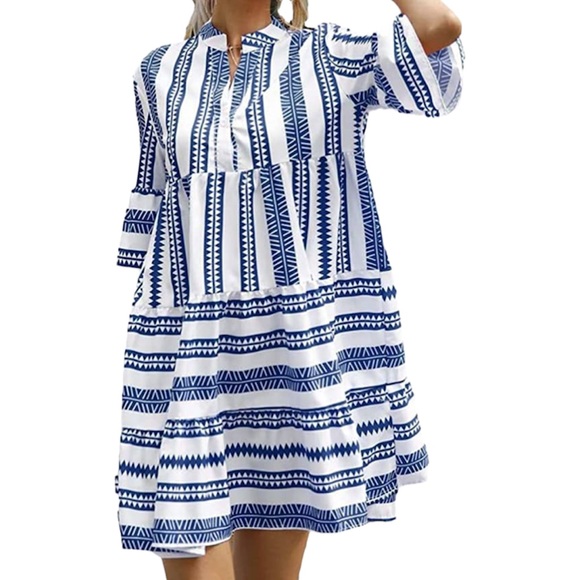 Geometric V-Neck Striped Baby Doll Mini Dress Blue & White Women’s Size Large - Picture 2 of 14
